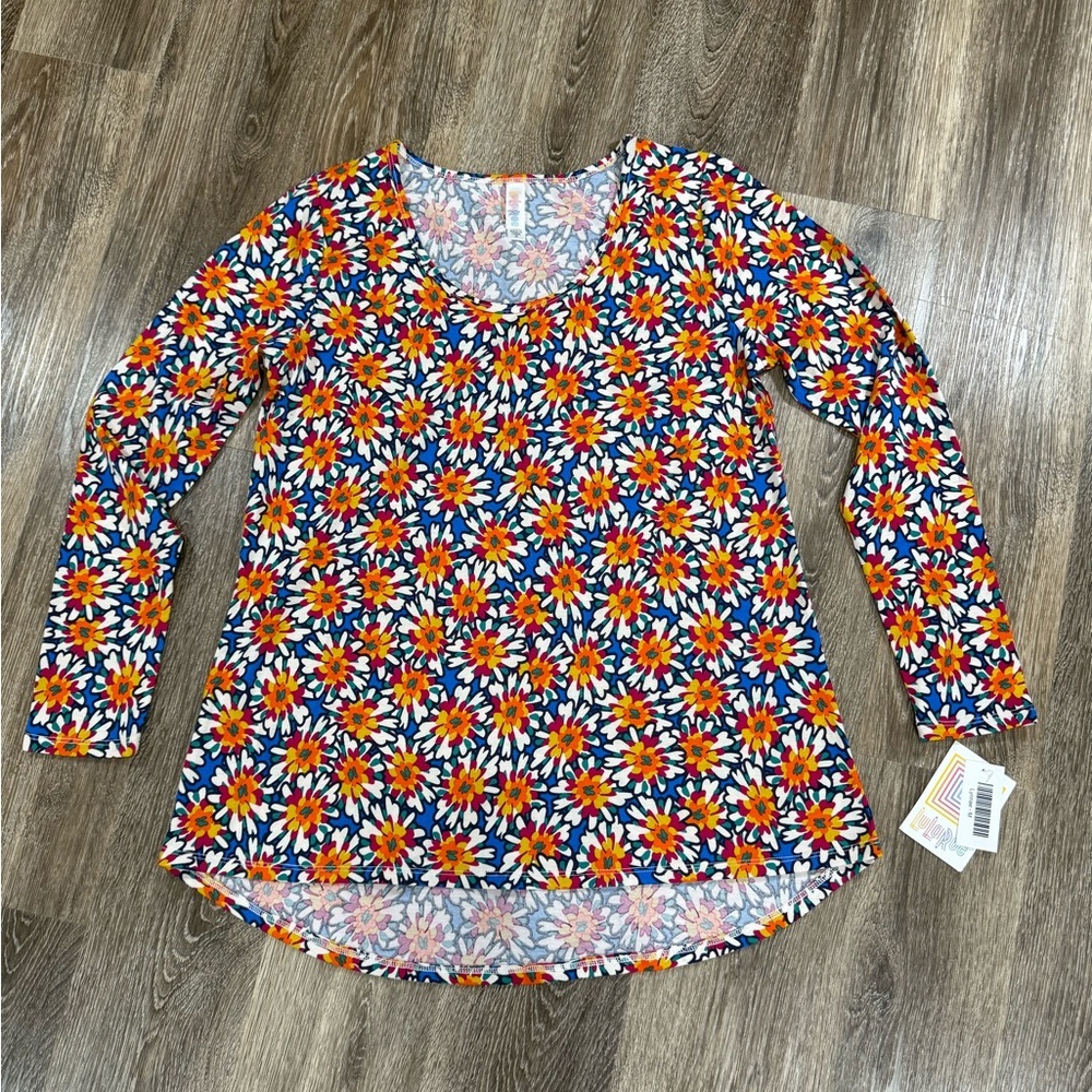 NWT Lynnae Long sleeve scoop neck blouse‎ blue w/ orange yellow flowers sz:M